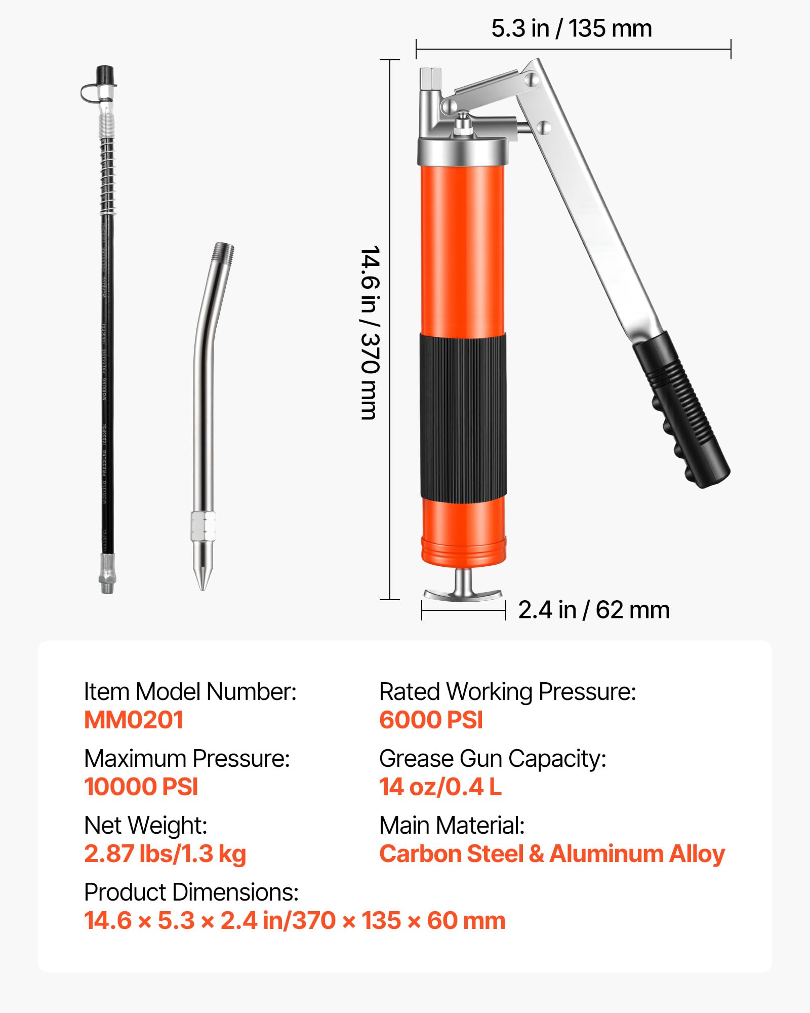 VEVOR Pistolet à Graisse Manuel 689 Bar Pistolet Graisseur à Levier à Une Main Capacité 0,4 L pour Machines Automobiles Agricoles Industrielles, Flexible 45,7 cm Tube Extension Rigide 1 Buse Pointue