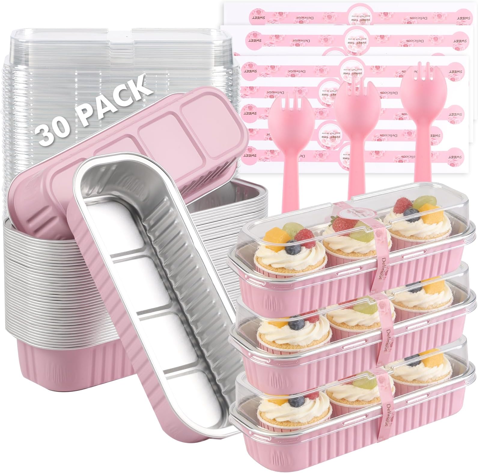 30 Pack Mini Loaf Cake Pan with Lids and Spoons, 6.8oz Small Disposable Aluminum Cake Tin Foil Pans, Rectangular Mini Loaf Bread Pans with Lids for Baking,Party,Picnics,Holidays (Pink)