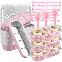 30 Pack Mini Loaf Cake Pan with Lids and Spoons, 6.8oz Small Disposable Aluminum Cake Tin Foil Pans, Rectangular Mini Loaf Bread Pans with Lids for Baking,Party,Picnics,Holidays Pink