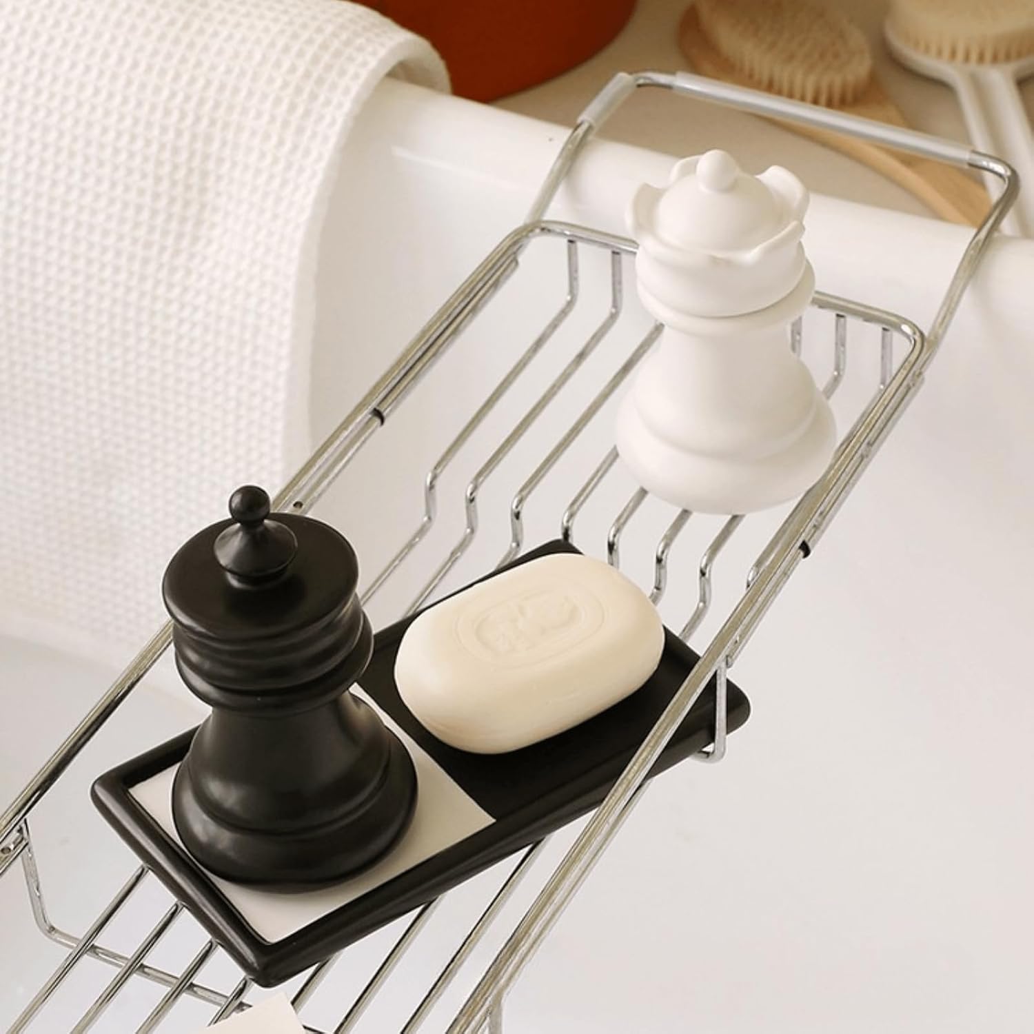 King and Queen Chess Piece Qtip Holder Bathroom Set with Mini Chessboard Base, Novelty Ceramic Storage Containers for Toothpicks, Cotton Swabs, Floss - Elegant Desk Decor, Unique Gift for Chess Lovers