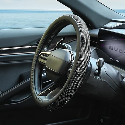 Miniatura 3 de Funda para volante de piel con diamantes de imitación brillantes, ajuste universal de 15 pulgadas, protector de volante de automóvil para mujeres y
