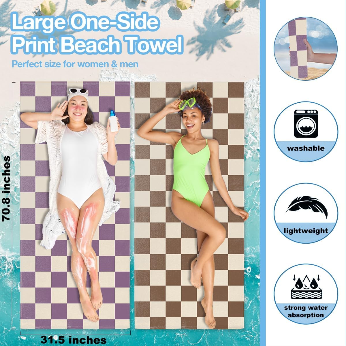 4 Pack Towels for Bathroom, Beach Towel, Microfiber Lightweight Beach Towels Oversized, Towel Accessories for Women Men Camping Pool Birthday Christmas Favors 32x71 in, Cute Plaid Checkered