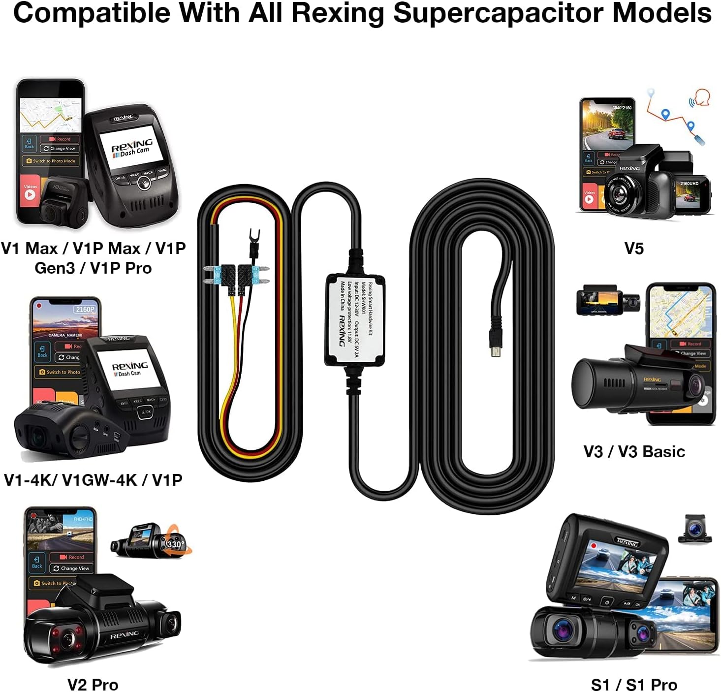 Rexing Mini-USB Hardwire Kit for V1, V1P, V1 3rd Gen, M1, M2, M1 PRO Dashcams