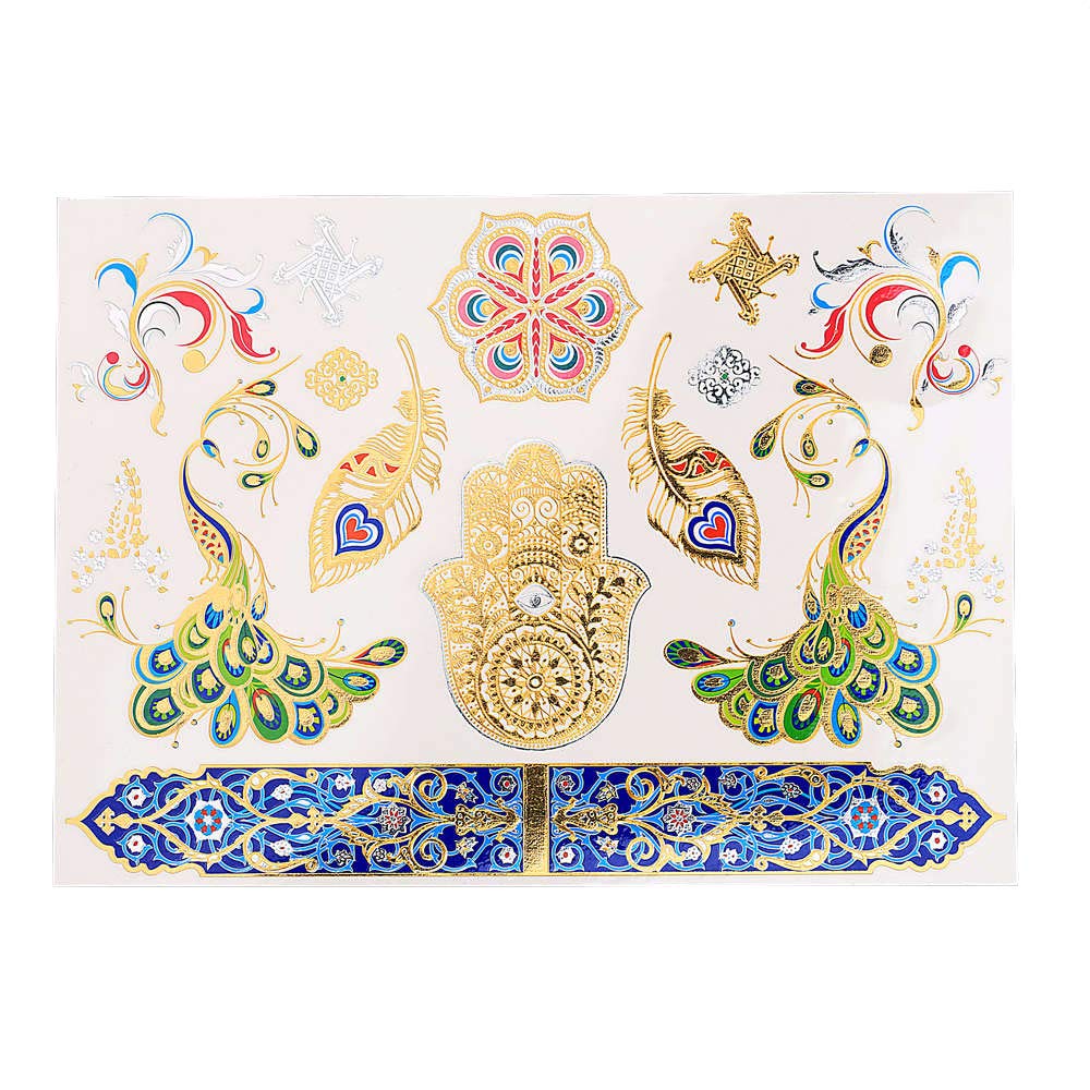 S.A.V.I 3D Temporary Tattoo Golden and Silver Metallic Sticker Colourful Butterflies Swans Peacock Design Size 21x15cm - 1pc. (75), Gold, 2 g-picture-53