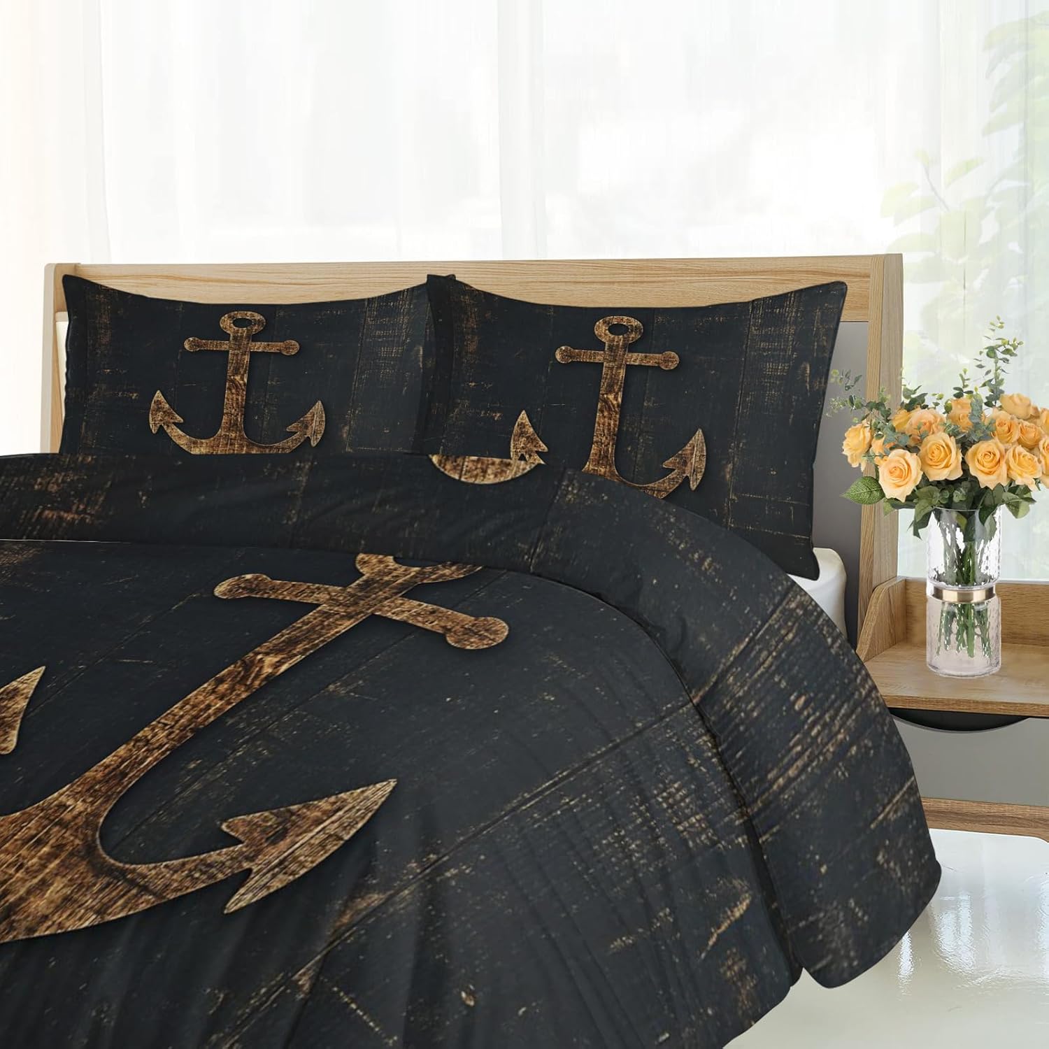 Twin Size Duvet Cover Set, Wooden Anchor Print Duvet Cover, Vintage Wood Grain Anchor Comforter Cover, Old Wood Totem Bedding, Kids Room Bedding Decor, （Reversible Printing）