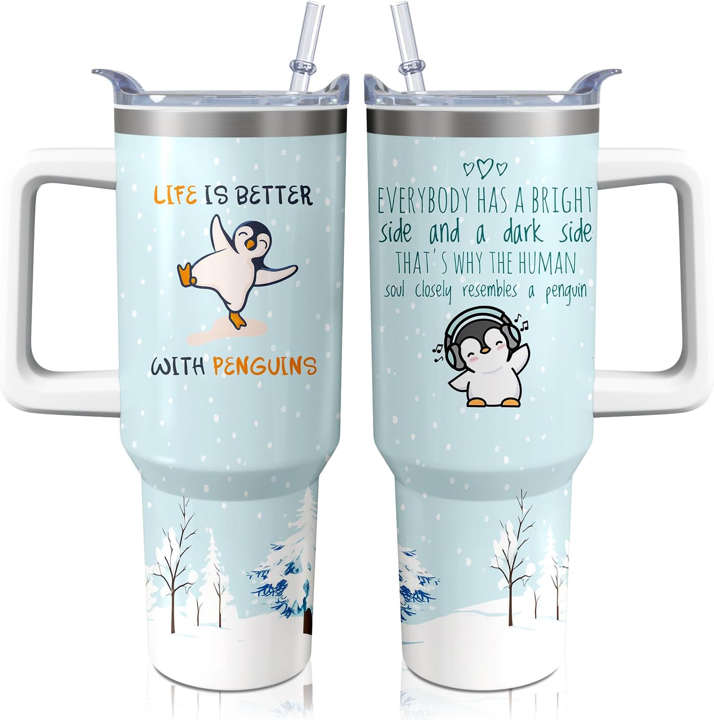 40oz Cute Penguin Tumbler with Handle and Straw, Animal Lovers Gifts for Women Men, Stainless Steel Travel Mug Water Bottle, Vacuum Insulated Cup with Lid