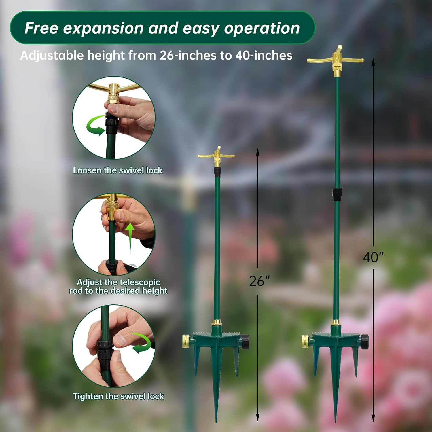 2 Pack Heavy Duty Lawn Sprinkler for Lawn Garden Yard, 360 Degree Rotating Telescoping Sprinkler with Spike, 3-Arm Adjustable Yard Sprinkler for Large Area Irrigation