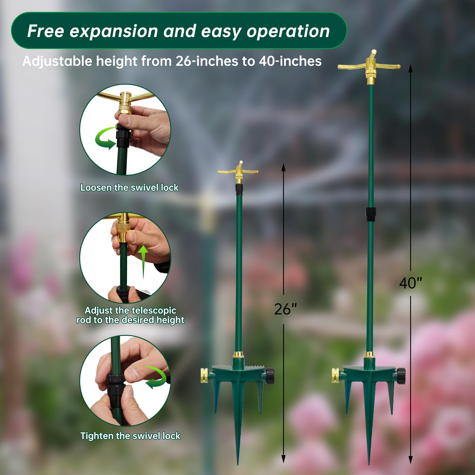 Aspersor de jardín giratorio de 360° de 3 brazos, paquete de 2 aspersores telescópicos con estaca, aspersor de agua de latón para césped de jardín para grandes áreas de hasta 40 pulgadas