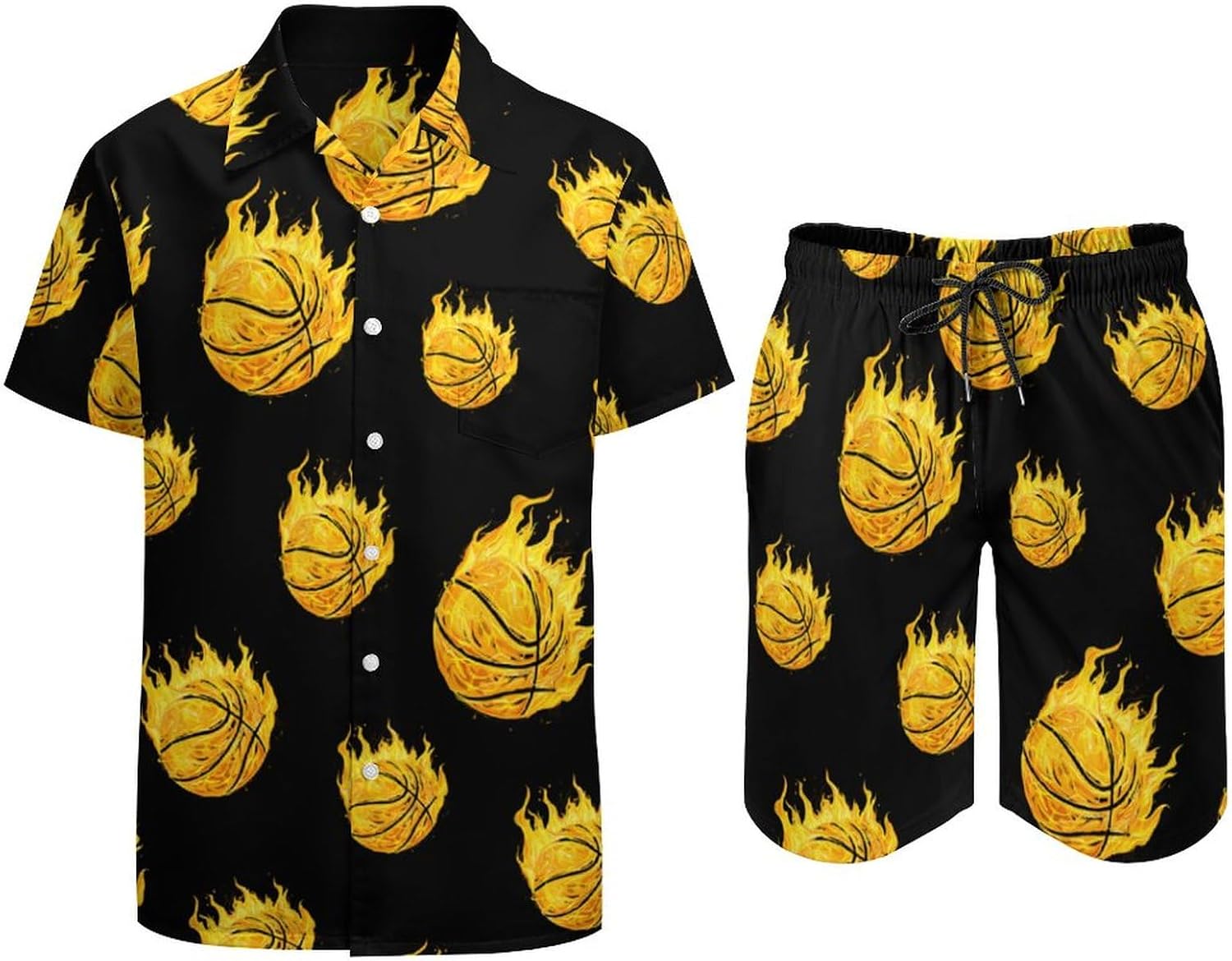 Fire Basketball Ball Flaming Men's Summer Beach Outfits Shirt And Shorts Set 2 Piece Vacation Swimwear