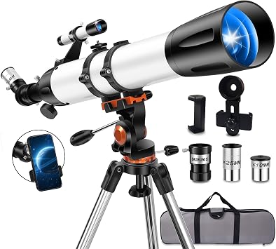 Telescope for Adults High Powered 90mm Aperture 800mm 32X-240X, Refractor Telescopes for Astronomy Beginners with AZ Mount Tripod, Phone Adapter, Carry Bag 80090white