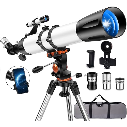 Telescope for Adults High Powered 90mm Aperture 800mm(32X-240X),Refractor Telescopes for Astronomy Beginners with AZ Mount Tripod,Phone Adapter,Carry Bag(80090white)