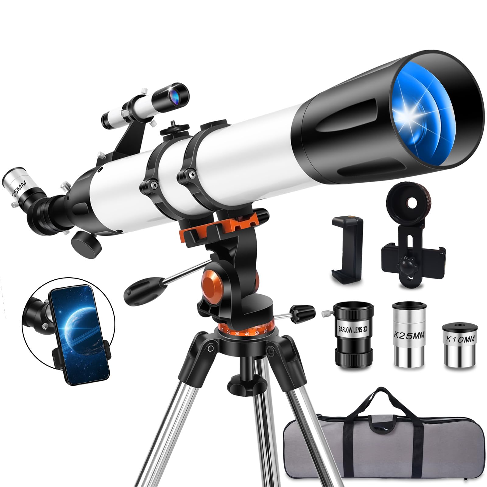Telescope for Adults High Powered 90mm Aperture 800mm(32X-240X),Refractor Telescopes for Astronomy Beginners with AZ Mount Tripod,Phone Adapter,Carry Bag