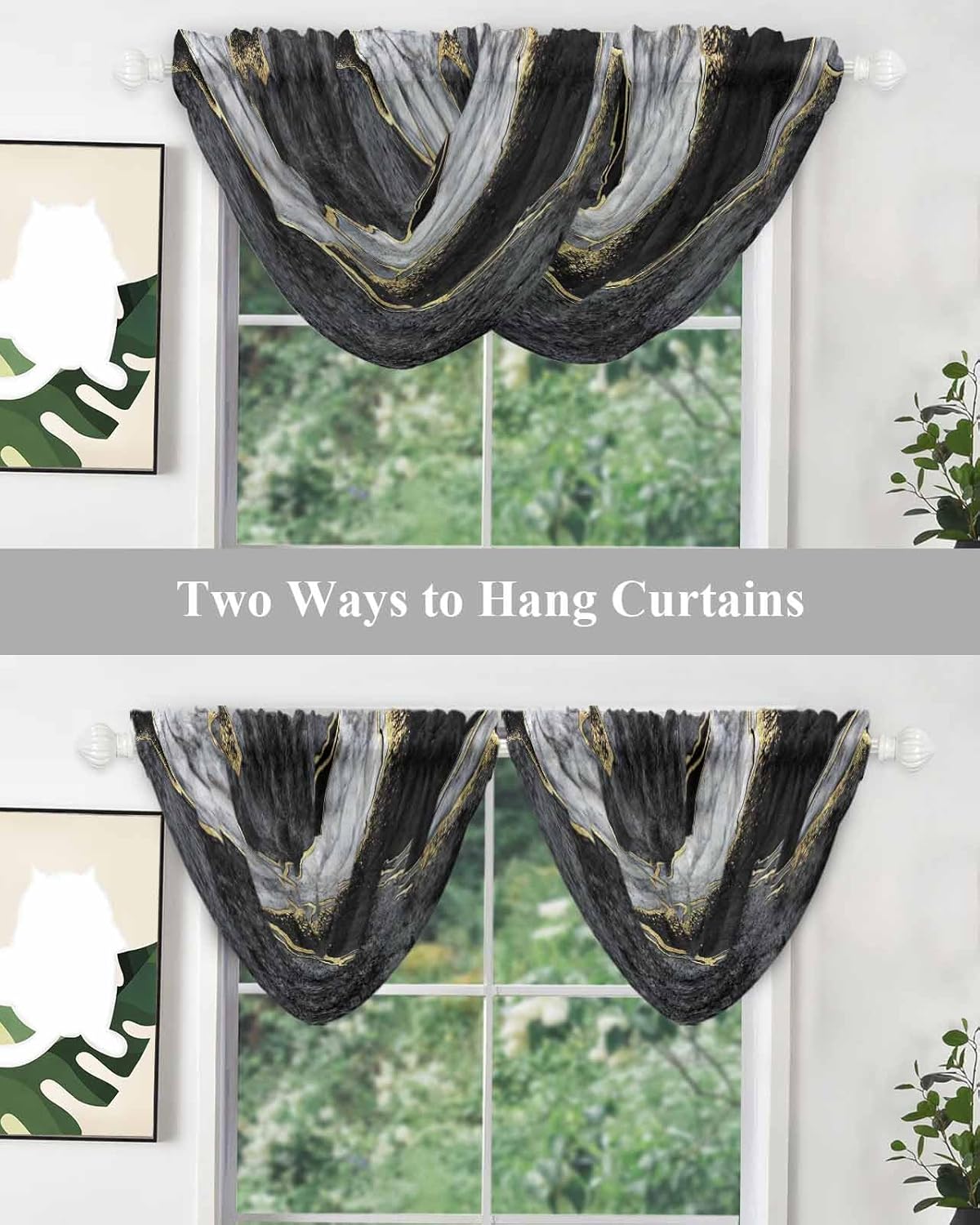 Waterfall Valances for Windows Black Abstract Marble Swag Valance Curtains Grey Gold Crack Face Sheer Valance Window Treatment for Living Room Kitchen Bedroom Rod Pocket Curtain Drape 3 Panels