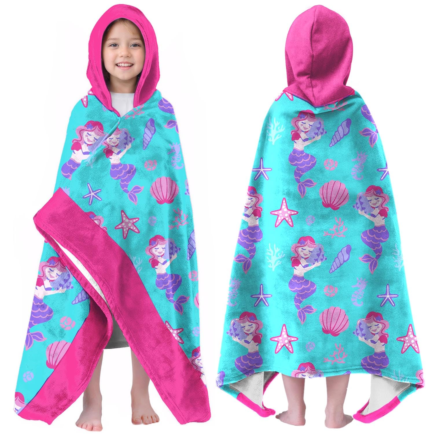 Mermaid Hooded Beach Towel for Girls, 30x50 in Quick Dry Swim Wrap, 04