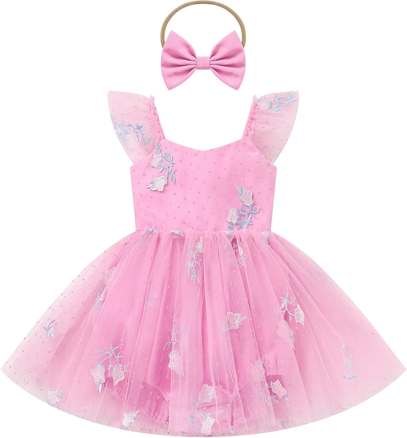 Kids Girls Birthday Party Dress Cake Crush Mesh Embroidered Floral Ruffle Tulle Tutu Romper Dress