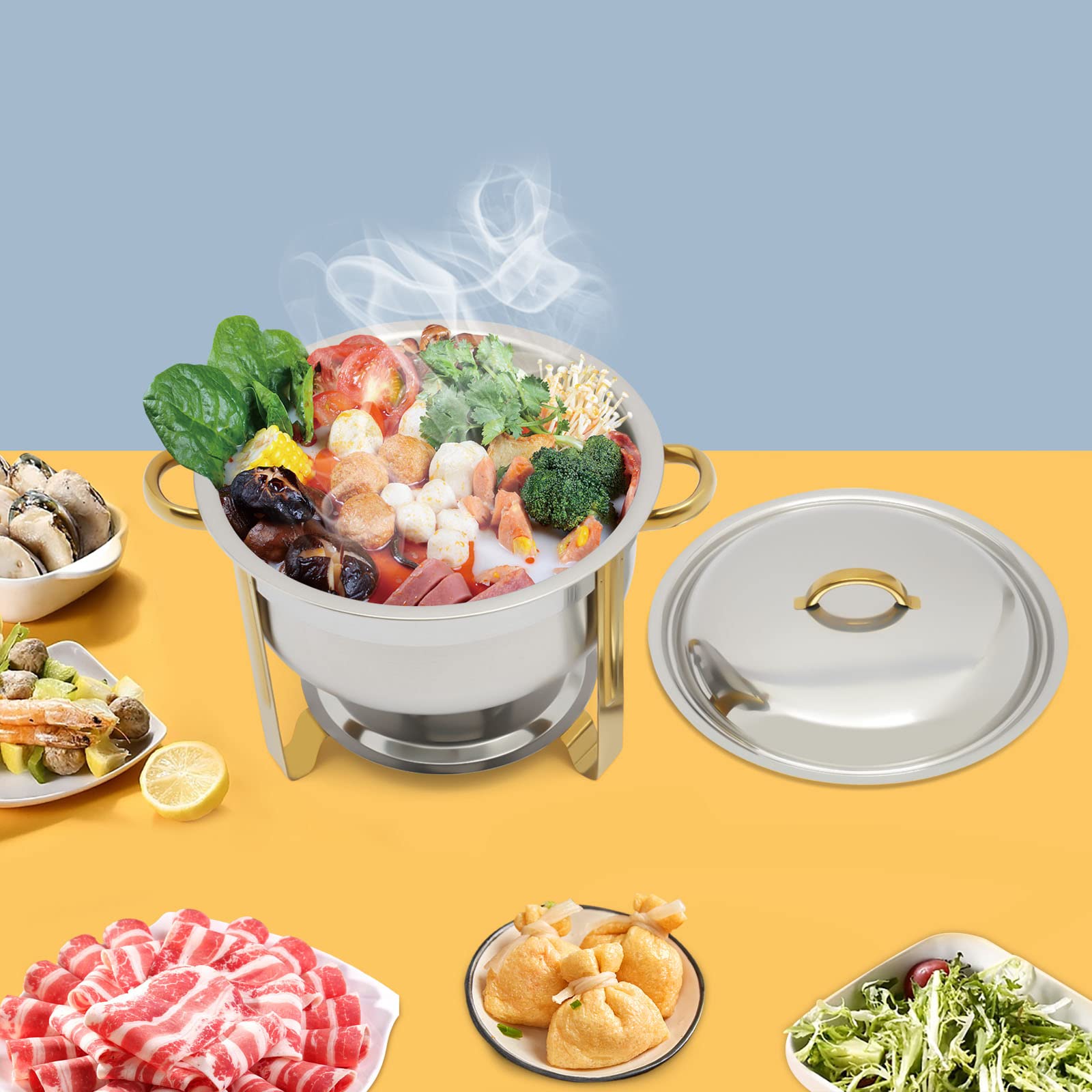 Chafing Dish - Calentador de alimentos redondo de acero inoxidable de 5 litros con tapa, recipiente para pasta de combustión y soporte, calentador de buffet dorado, para catering, fiesta