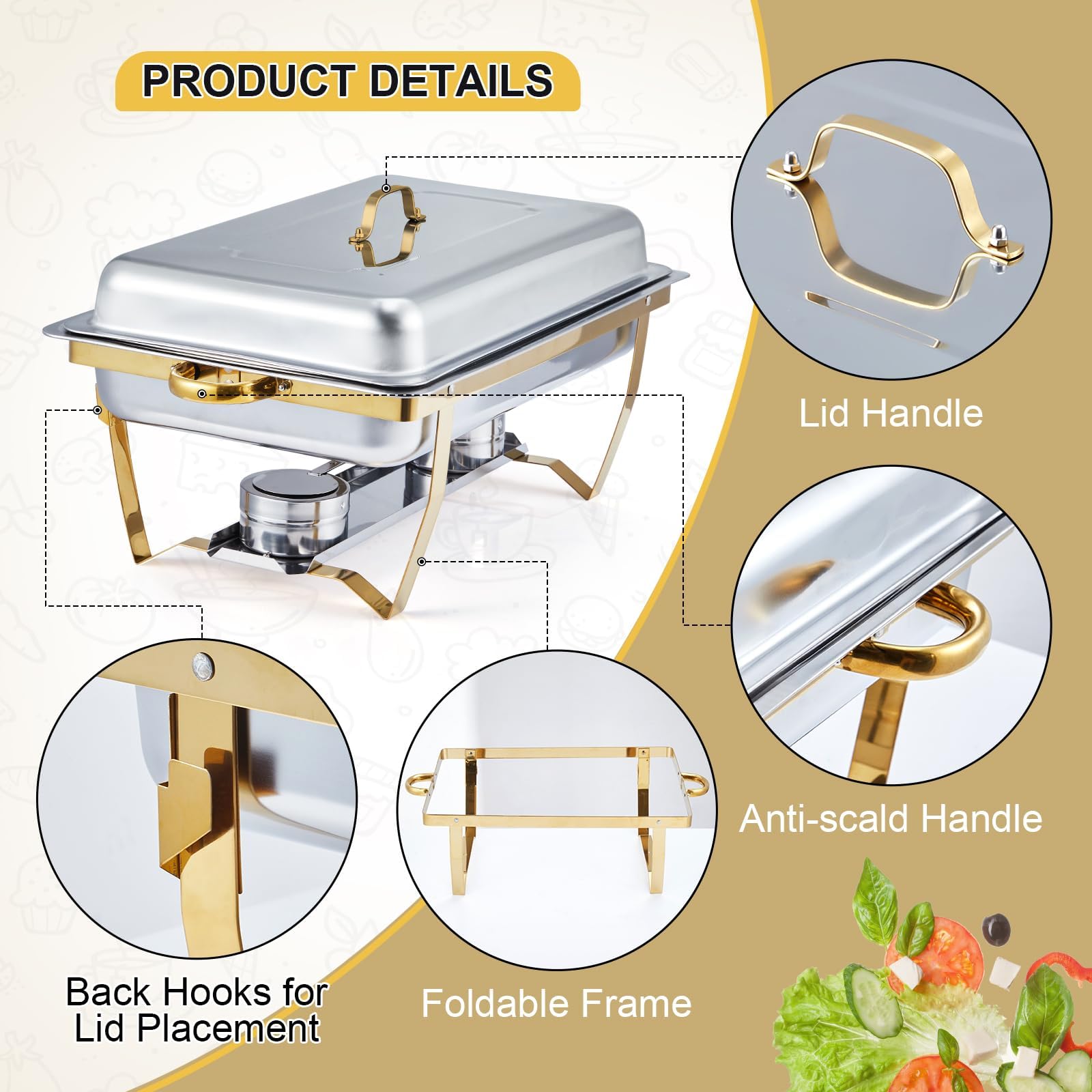 Garvee Set de 4 bandejas rectangulares para Buffet de 8L – Acero Inoxidable Dorado – Calienta Alimentos con Tapa y Soporte Plegable – para Catering, Fiestas, Bodas y restaurantes – 4 Piezas, Dorado,