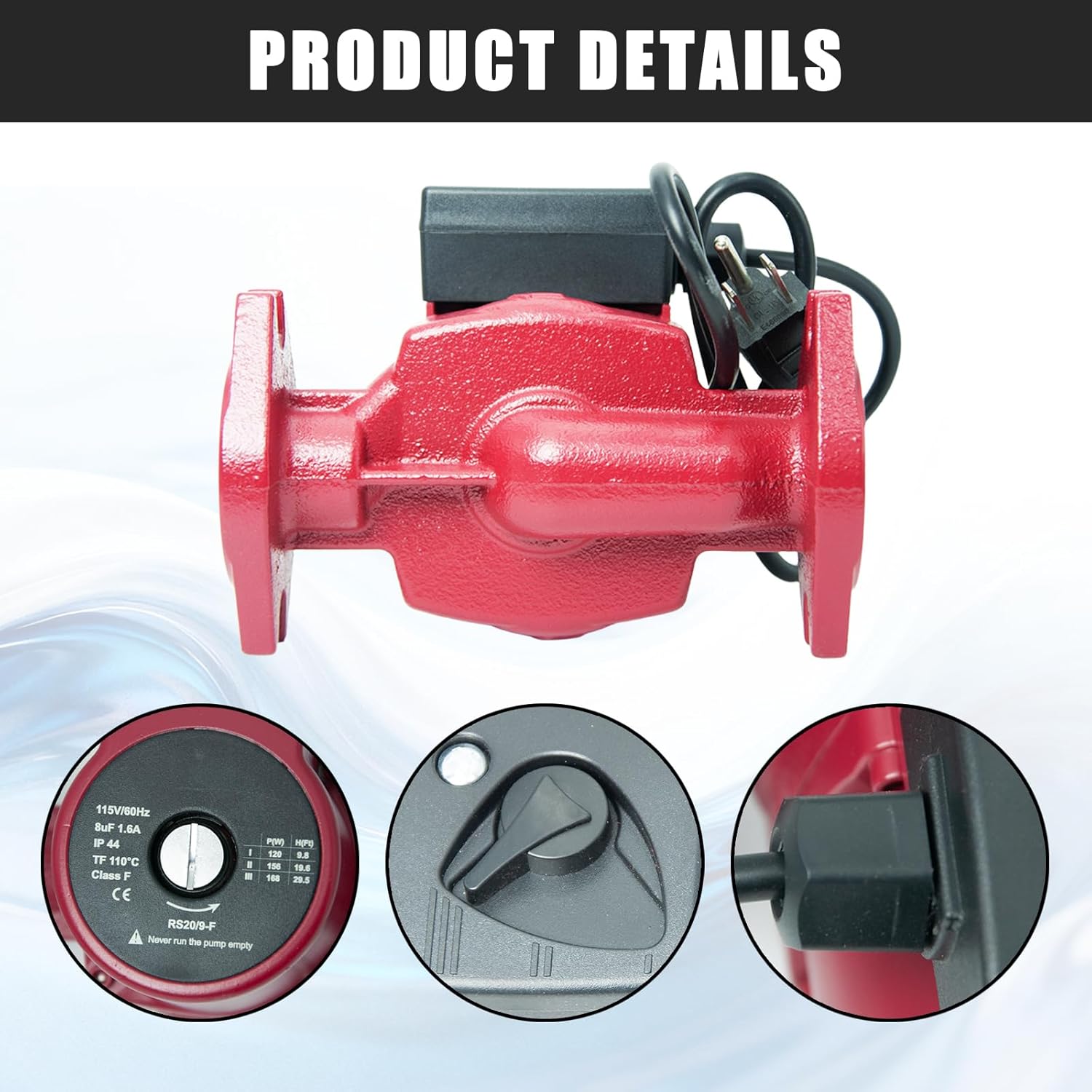 Hot Water Circulator Pump 115V, 1/3 HP, 3-Speed, Cast Iron Recirculating Pump Compatible with Grundfos UPS26-150F 95906630, for Closed-Loop Systems