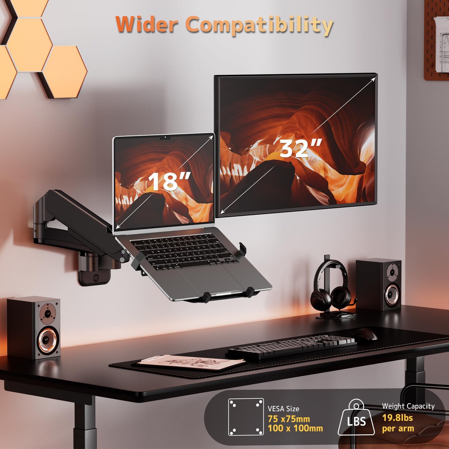 PUTORSEN Monitor and Laptop Wall-Mount - Full Motion 2-in-1 Monitor Arm Fits Max 32" Screen and 18" Laptop, Holds up to19.8lbs, Detachable Laptop Tray with Adjustable Slide Clamp, VESA 75x75/100x100