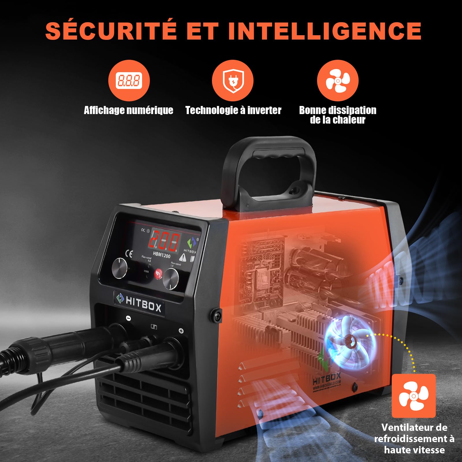 HITBOX Poste à Souder MIG Sans Gaz 200A, Soudeuse 3-en-1 Flux Core MIG/ARC/Lift TIG, Machine de Soudage Inverter IGBT 230V Portable avec Torche & Fil 0,8 mm, Idéal Débutants (HBM1200)