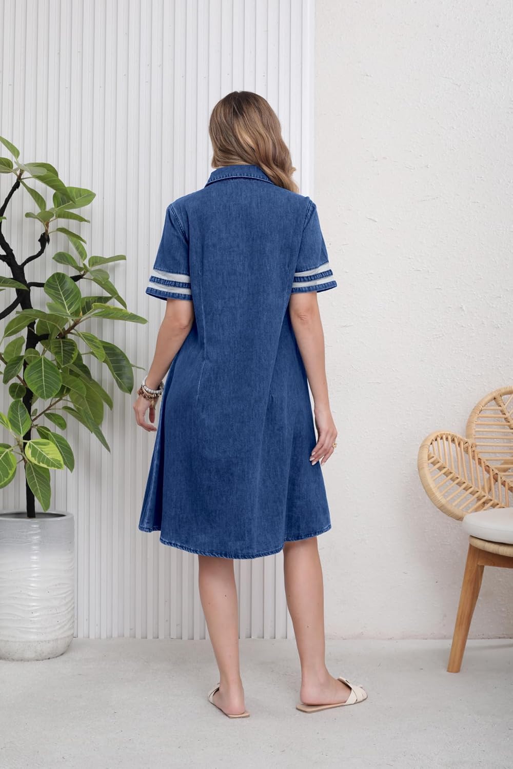 utcoco Denim Dress for Women 2025 Casual Tulle Short Sleeve Button Jean Midi Dress with Pockets - Image 7