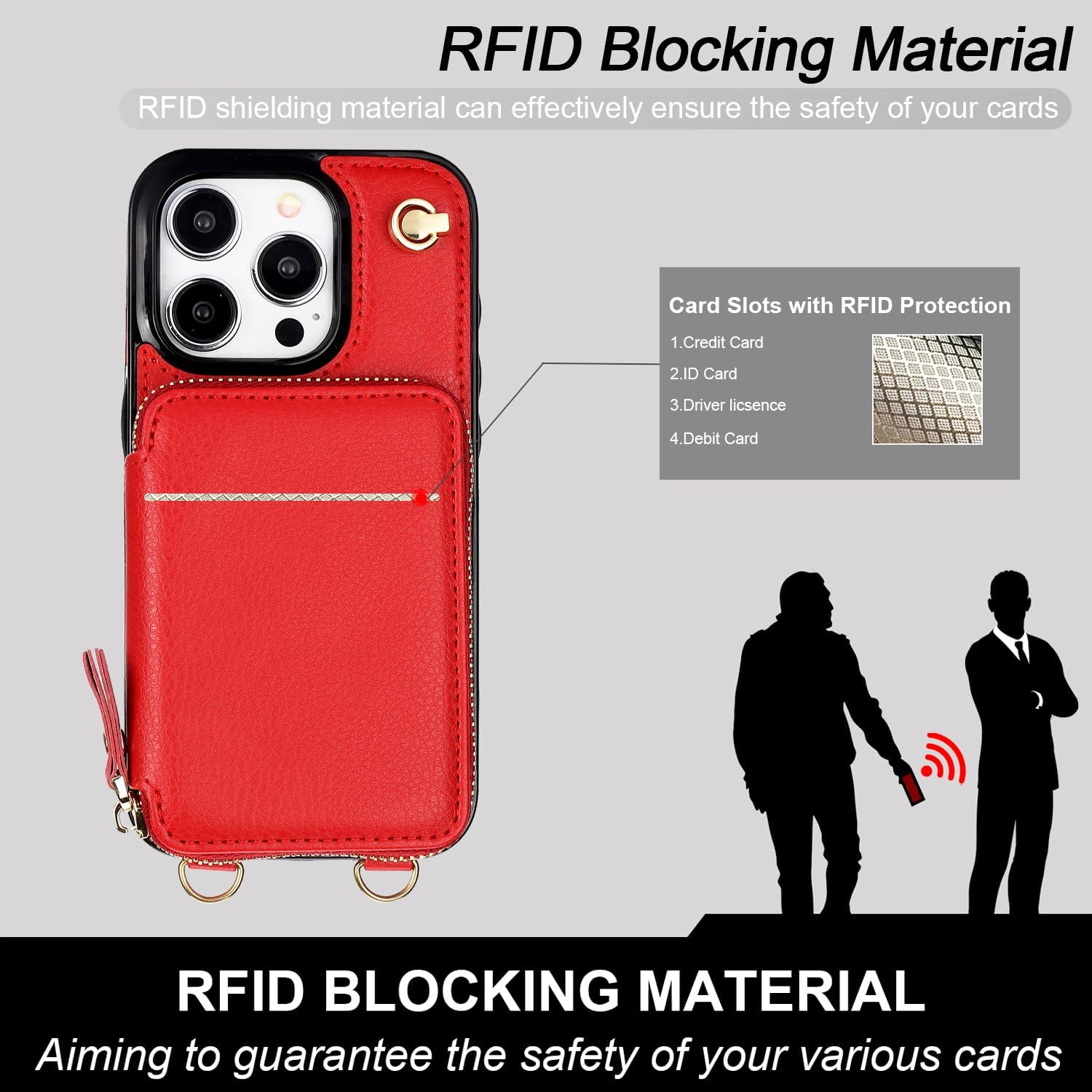 Bocasal Crossbody Wallet Case for iPhone 15 Pro, RFID Blocking Leather Purse Case with Card Holder, Protective Handbag Flip Cover with Zipper Wrist Strap Lanyard for Women 5G 6.1 Inch (Red)