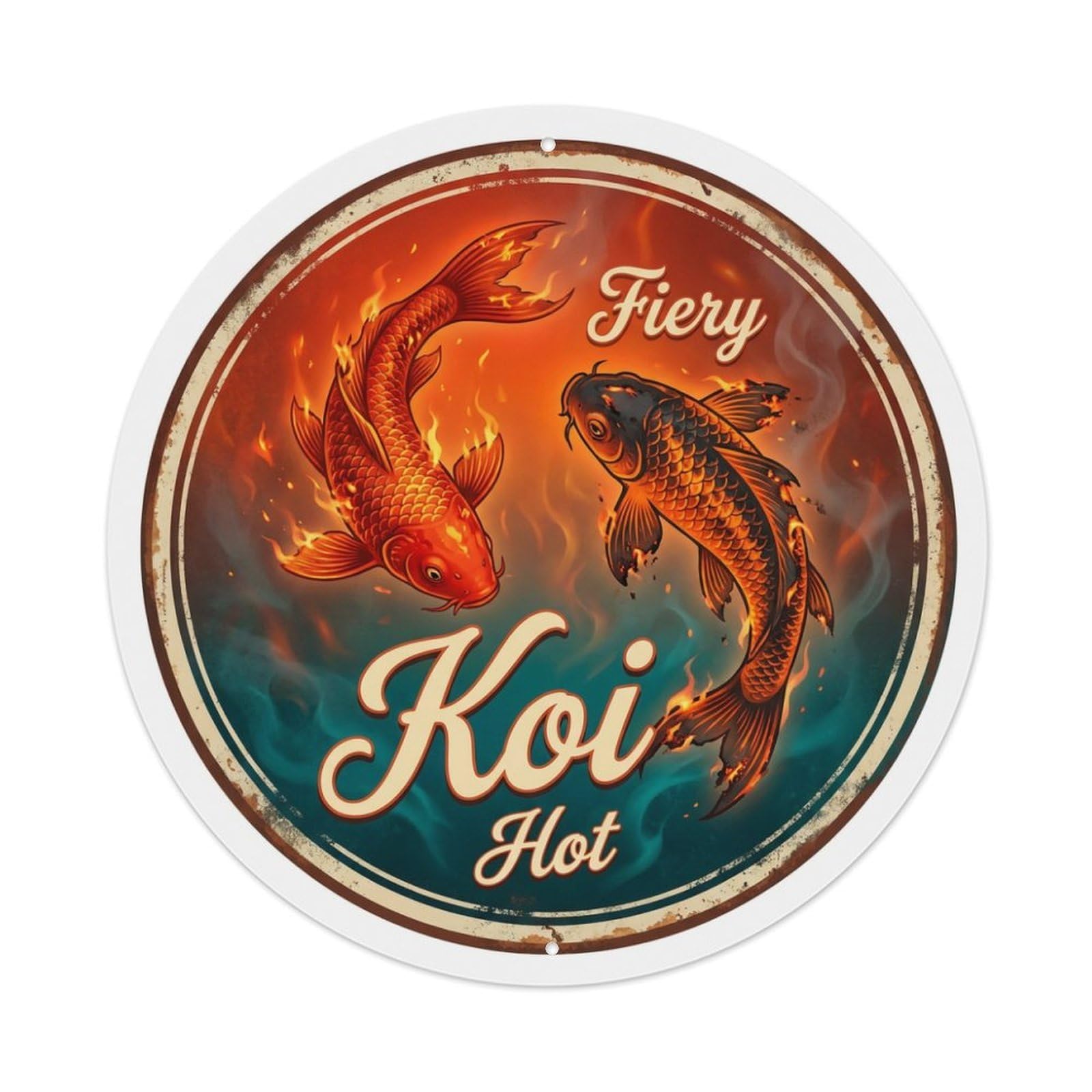 Metal Tin Sign Koi Fish Hot Blazing Fire Japanese Retro