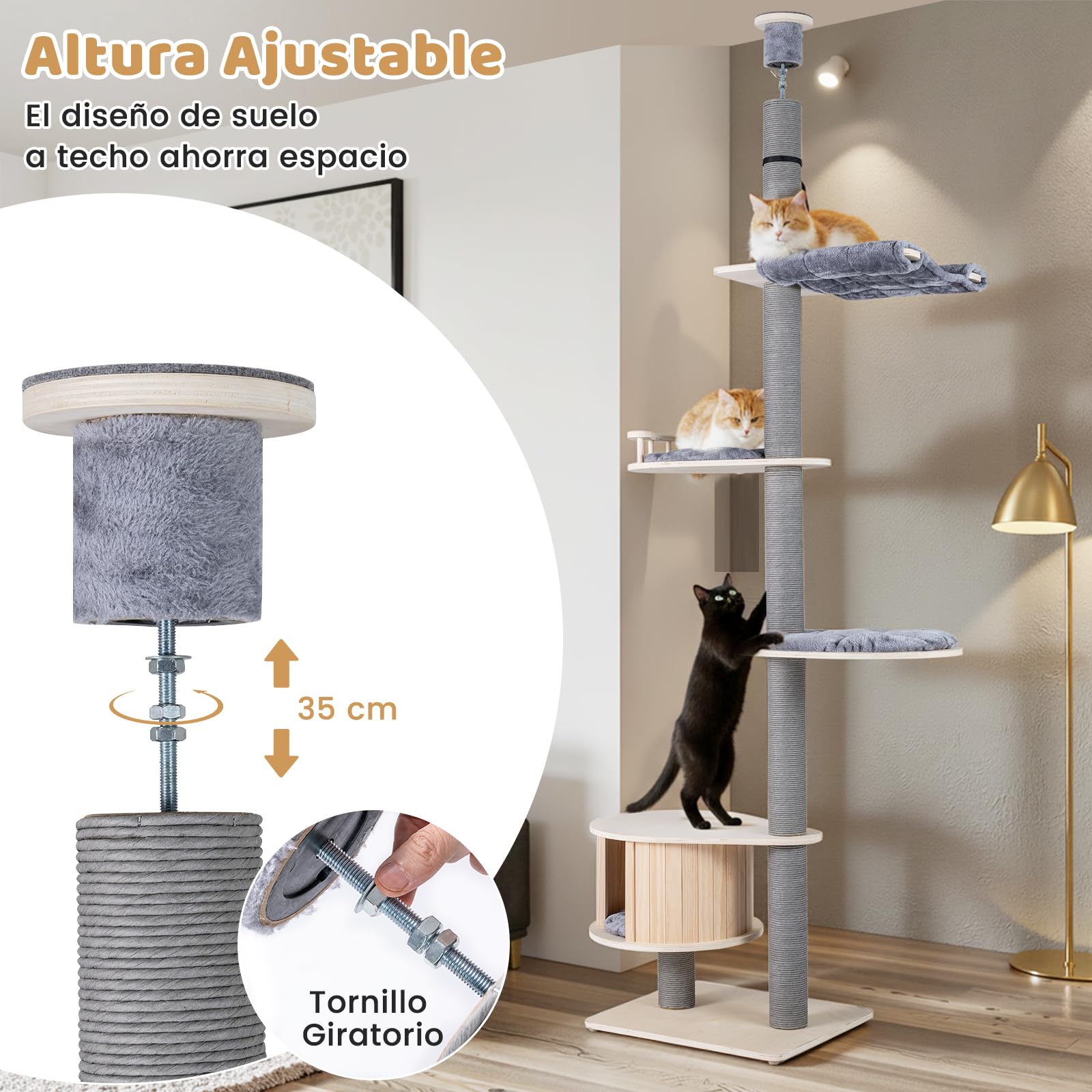 COSTWAY Árbol Rascador para Gatos de 236-271 cm Ajustable en Altura, Árbol para Gatos de Suelo a Techo con Percha, Condominio, Postes Rascado, Plataformas y Cojines, Torre Gato Alta de 5 Niveles, Gris