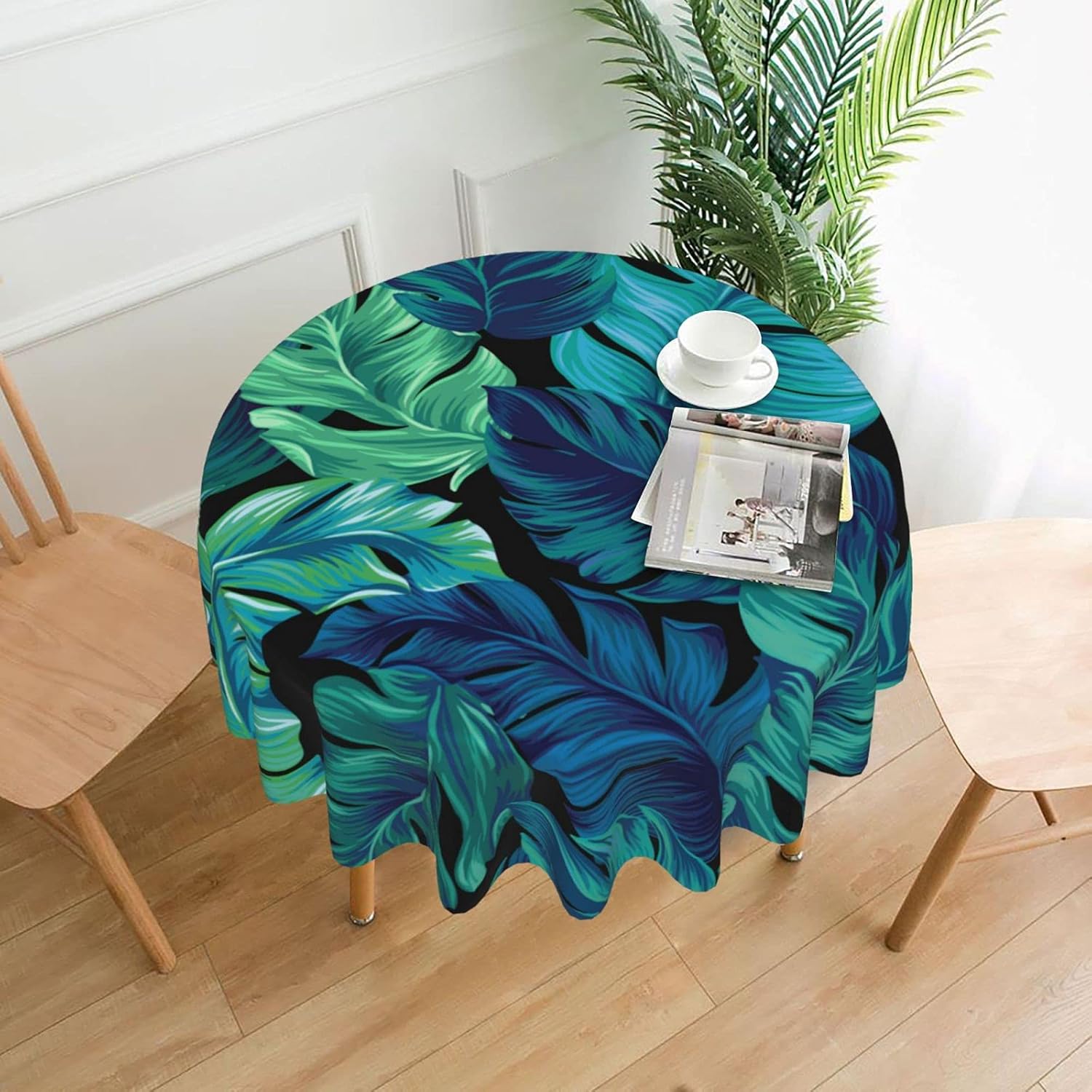 Tropical Palm Leaves Tablecloth Round Washable Table Cover for Kitchen Dining Picnic