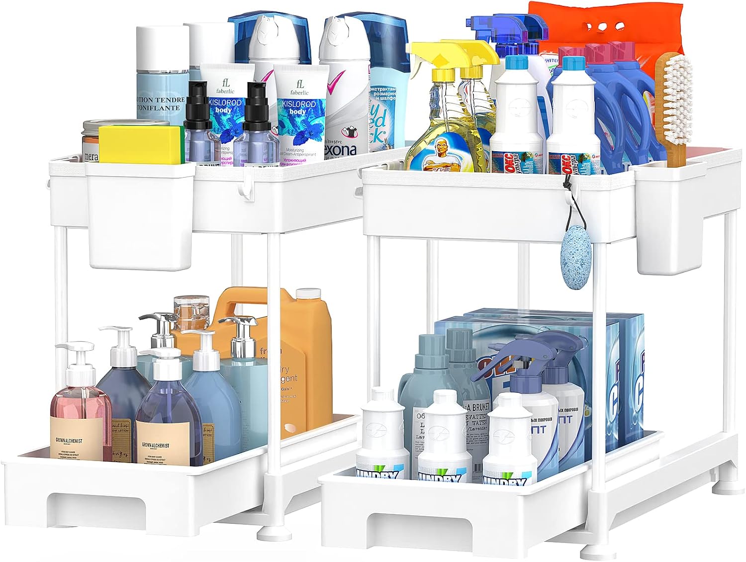 SPACELEAD Under Sink Organizers and Storage for Bathroom 2 Tier Sliding Cabinet Basket Organizer Drawers, Kitchen Under Bathroom Sink Storage Organizer with Hooks The Bottom Can Be Pulled Out White