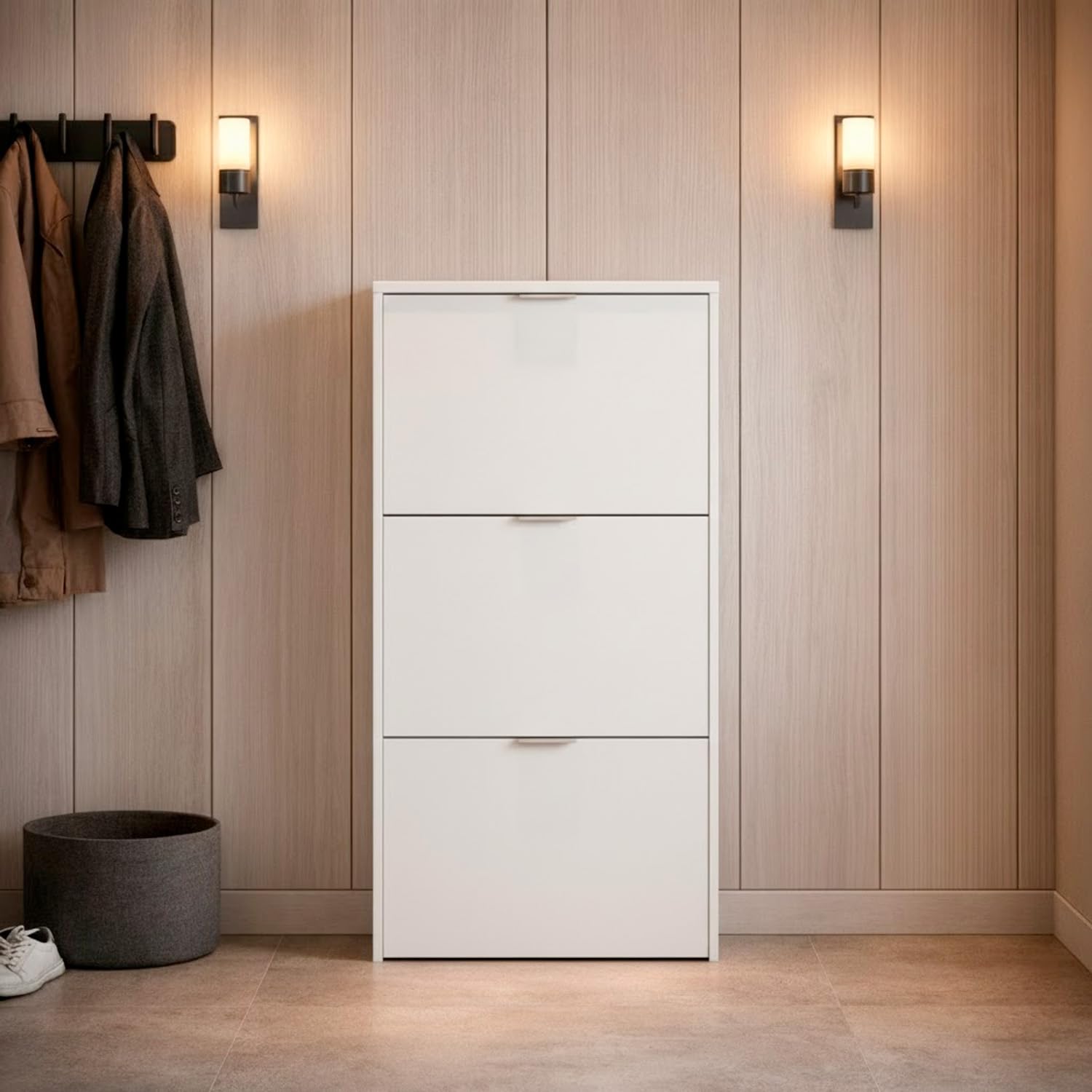Bricozone Scarpiera A Ribalta Salvaspazio Con 3 Ante Mobile Portascarpe In Melaminico Finitura Bianca Antigraffio Fino A 20 Paia 113x60x22 Cm (Bianco)