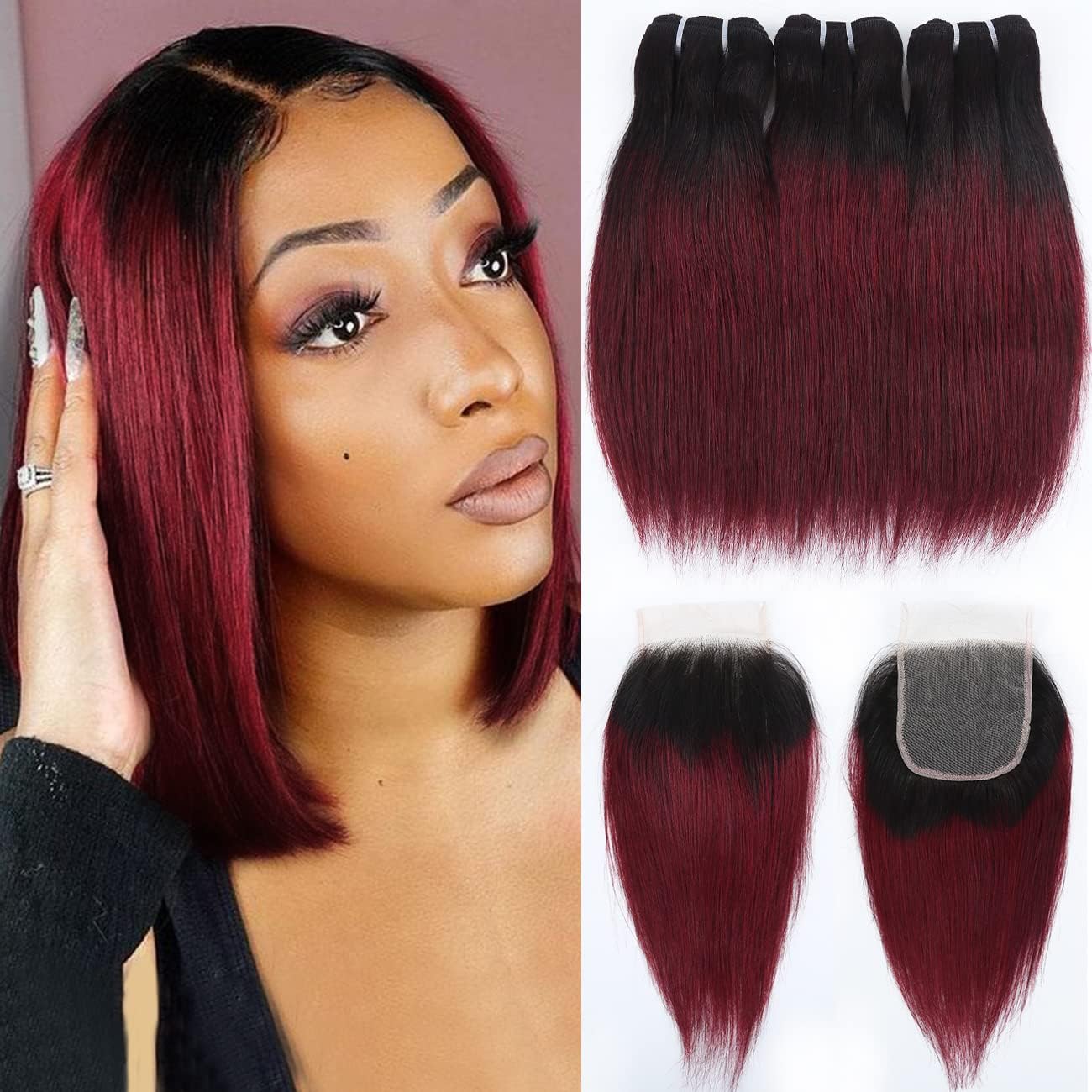 1b/99j Ombre Bundles with Closure(10 10 10+10) Brazilian Straight Human Hair Red Burgundy Short Bob 50g/bundle with 4x4 Lace Closure