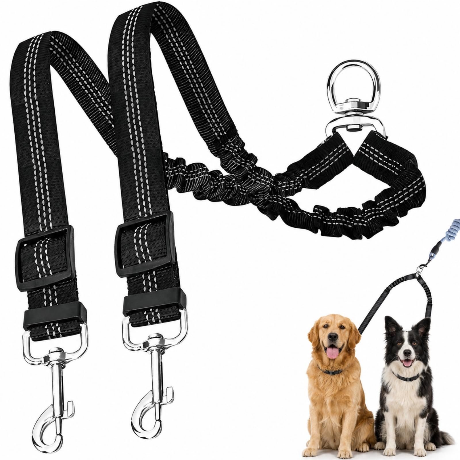 Double Ended Dual Dog Lead, 360 Swivel No Tangle Bungee Leash for 2 Dogs