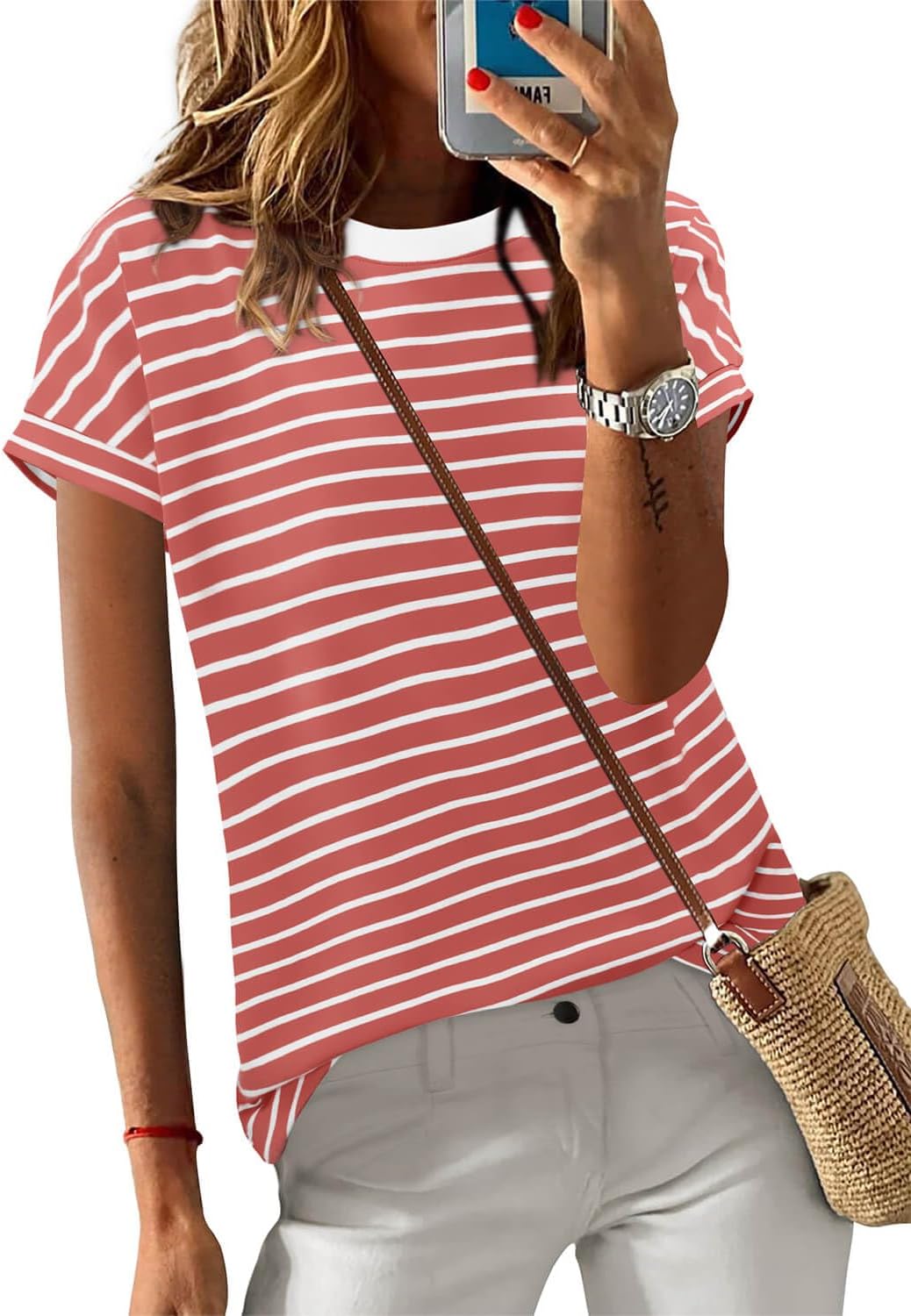 ONLYSHE Womens Short Sleeve Shirts Casual Crewneck Tops Tshirt Basic Tees Summer Fashion Strpied Clothes Outfits Tunic - Image 3