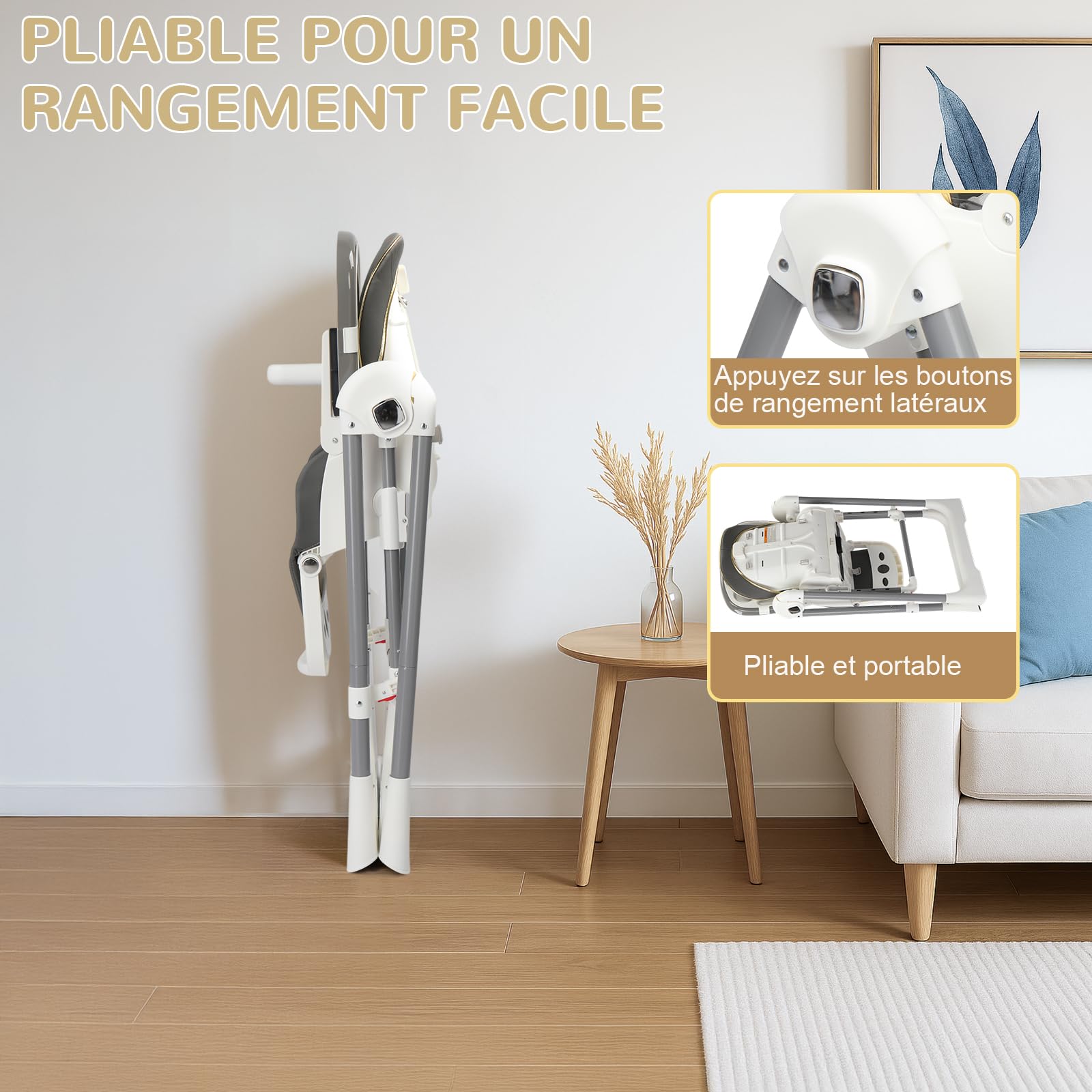 LEADZM Chaise Haute Bébé Pliable, 6 Hauteurs Réglables, Plateau Double Amovible, avec Roulettes Pivotantes, Charge Maximale 15 kg, Convient aux Bébés de 6 à 36 Mois (Gris)
