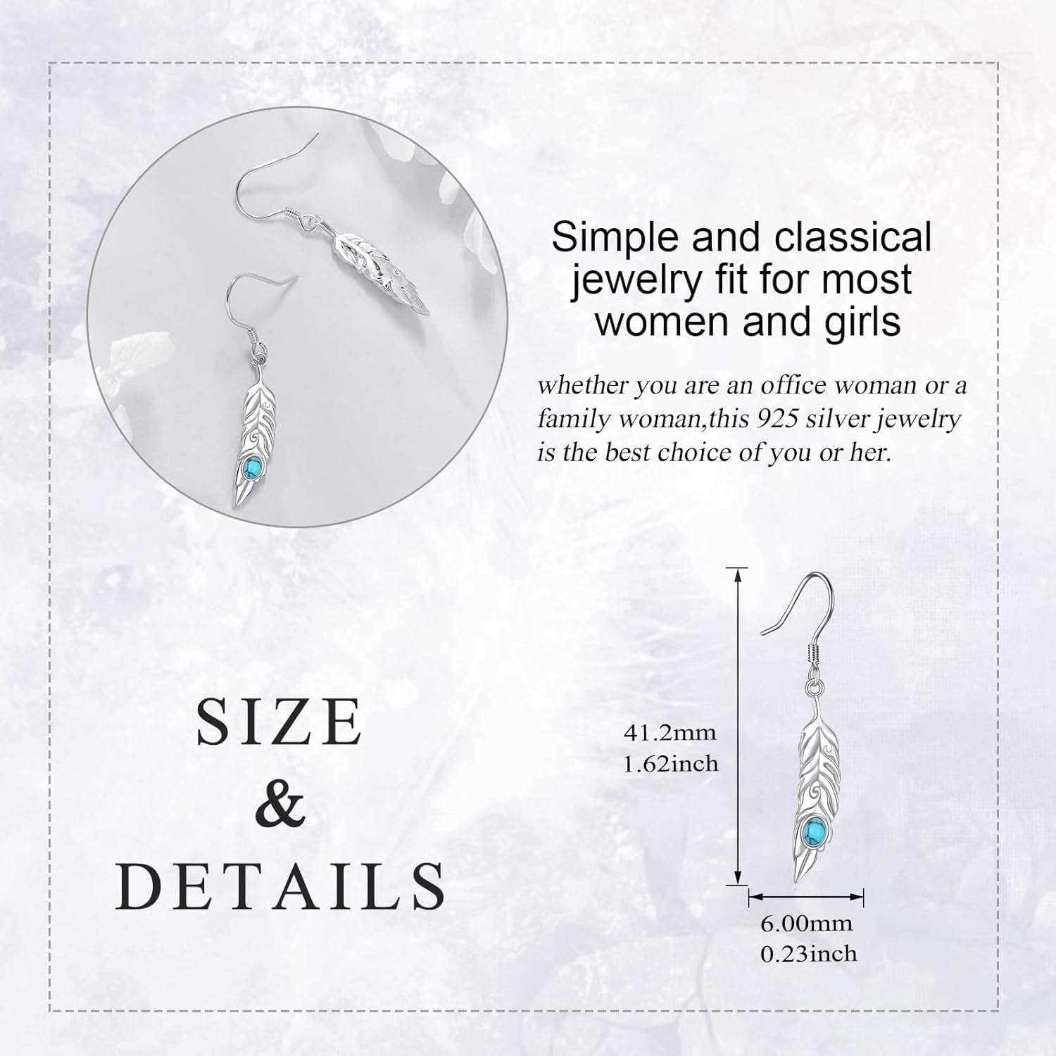 Feather Drop Earrings for Women Sterling Silver Turquoise Dangle Earrings Boho Fashion Jewelry Gift - Image 5