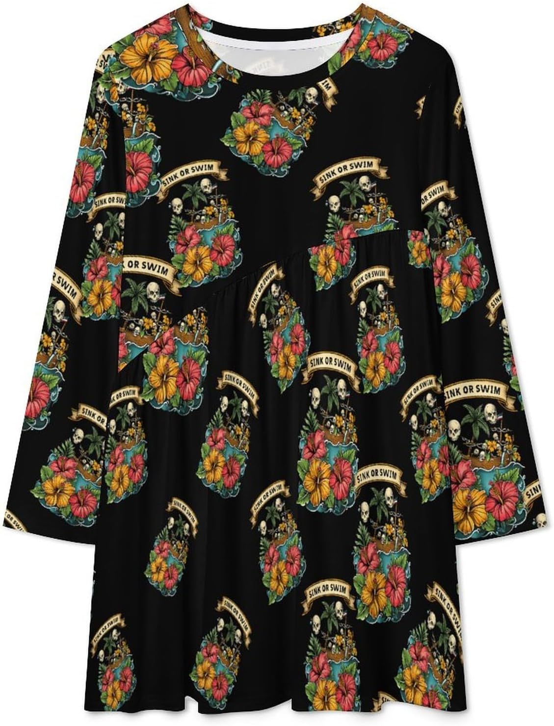 Hwaiian Adventure Skull Silk Or Swim Women's Fleece Sleeve Sweatshirt Dress Long Pullover Casual Dresses