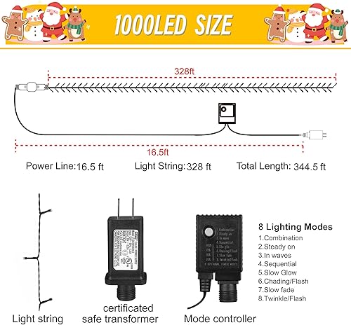 Miniatura 2 de weillsnow 1000 luces LED de Navidad de 328 pies, 8 modos de iluminación con control remoto y temporizador, luces de árbol de Navidad, impermeables