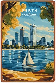 Perth Wall Art Print Australia Poster Landscape Metal Tin Sign For Home, Bedroom, Office, Bathroom Wall Decoration With Dimensions Of 12x8 Inches