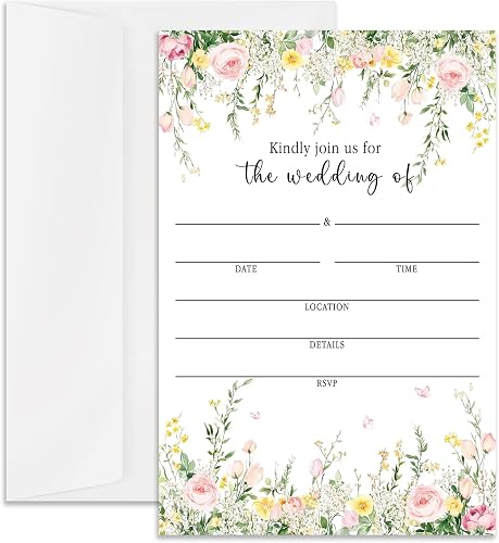 Wildflower Wedding Invitations with Envelopes, 25 Invitation Cards Blank Invites for Wedding Reception Bridal Baby Shower Engagement Birthday Dinner Party, 4 x 6 Inch -06