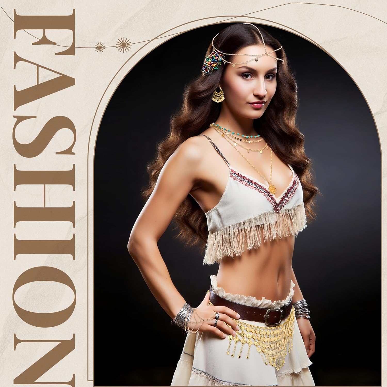 Quelay 5 Pcs African Vintage Jewelry and Gold Full Body Chain Set for Women Boho Prom Accessories Role Play Costume