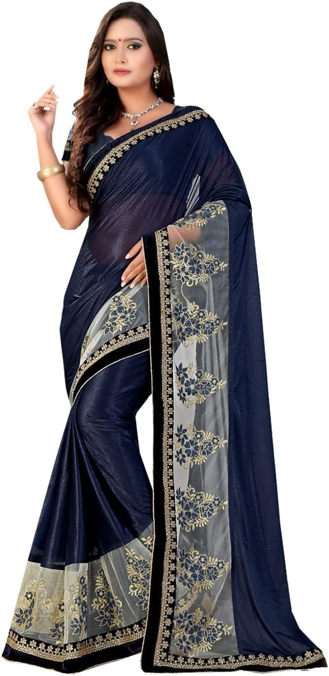 IndianTrends Exclusive Designer Ethnic Blue Lycra Net Saree Sari 3384-26727