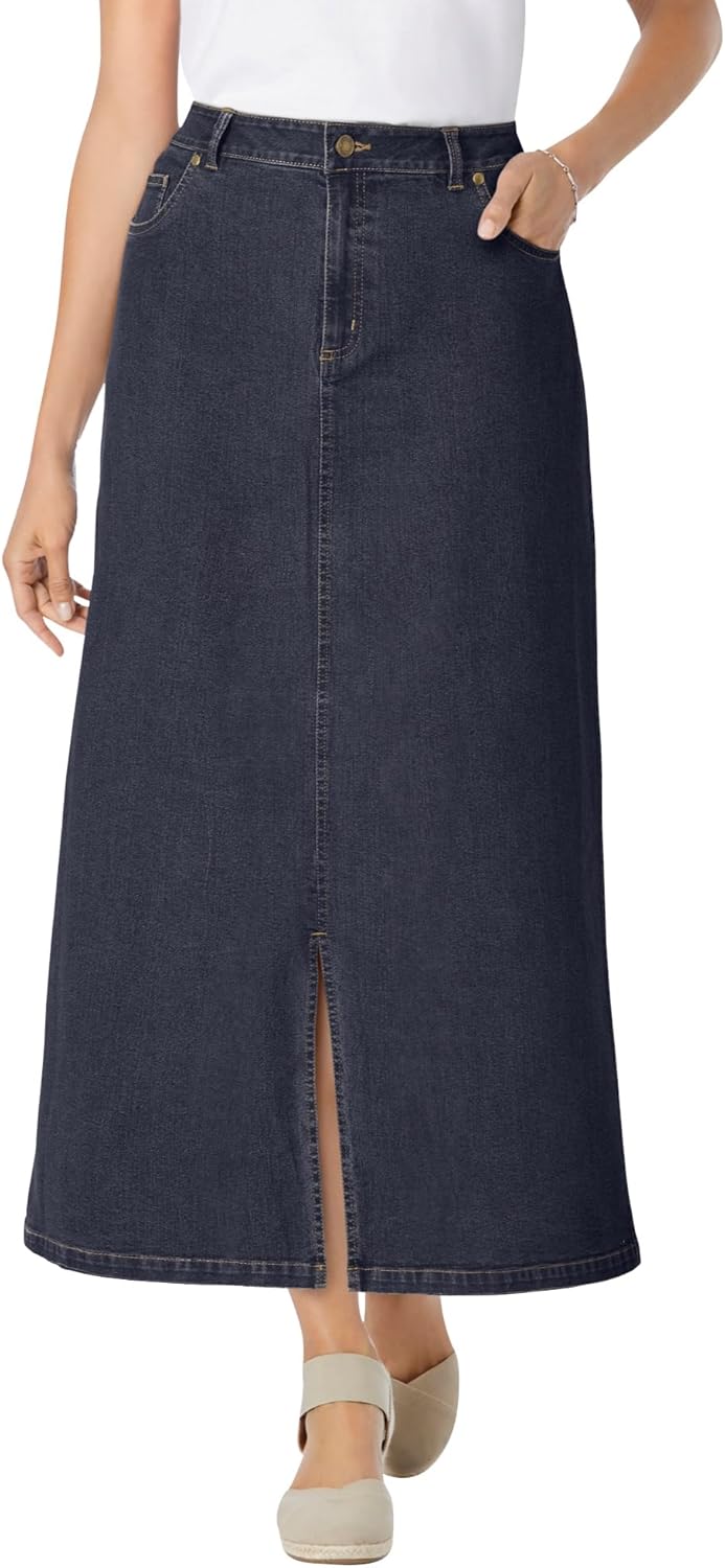 Woman Within Plus Size Stretch Denim Front-Slit Skirt