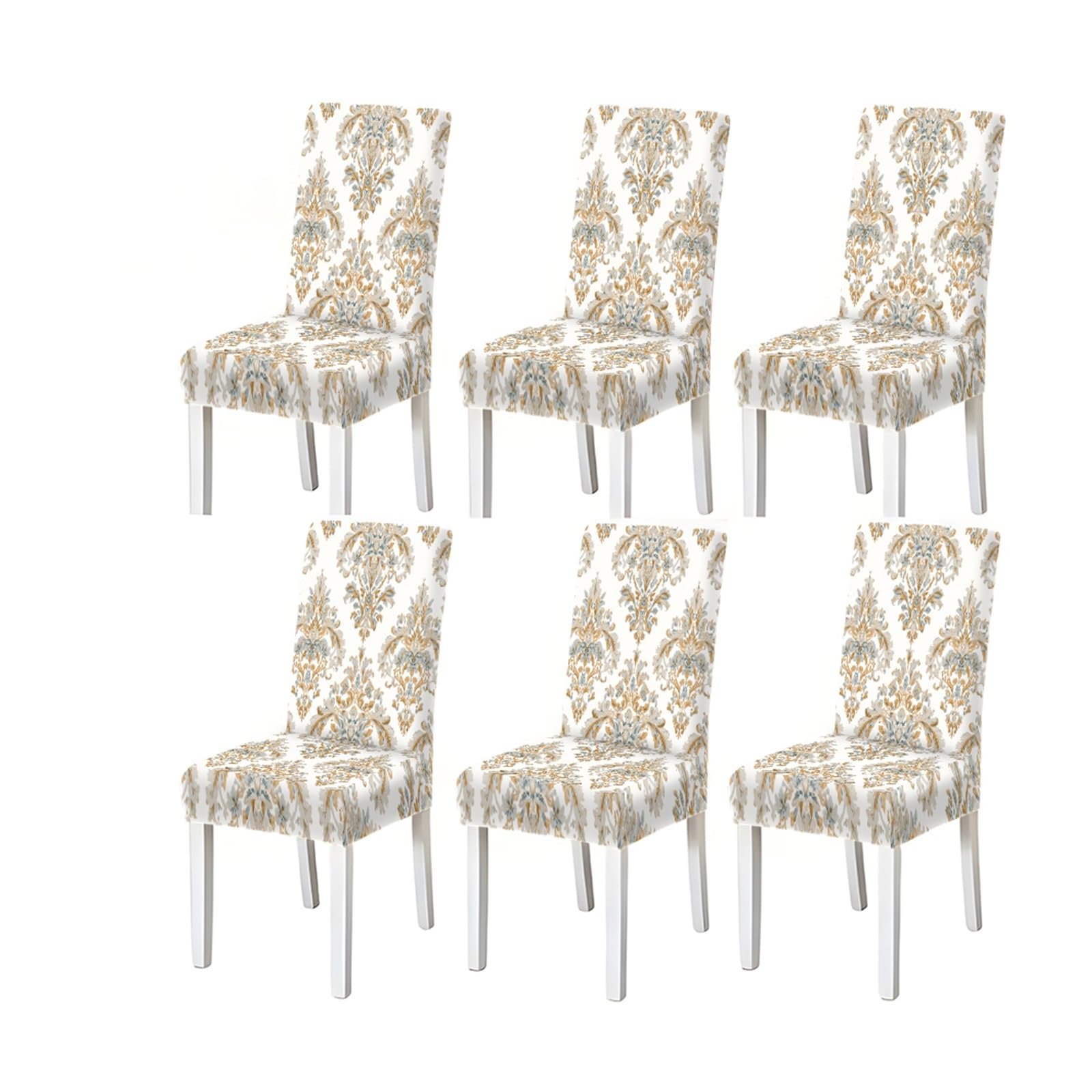 FZJKGH Gold Blue Damask Pattern Print Dining Chair Covers Set Of 2/4/6, Luxury Stretch Slipcovers For Kitchen Dining Room Removable Stretch Slipcovers for Dining Chairs(6PCSChair cover)