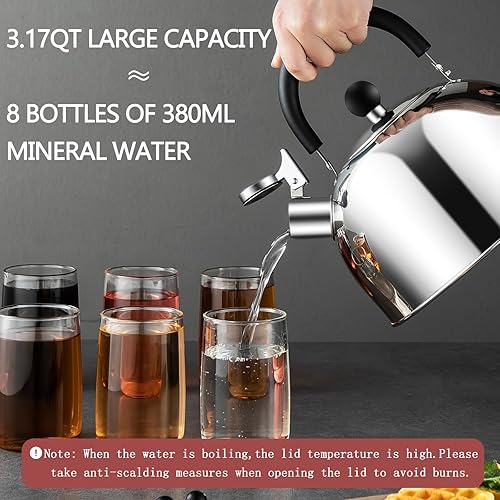 Miniatura 36 de Hervidor de té silbante de acero inoxidable de 4.2 cuartos de galón/4L, satén cepillado, adecuado para hervir agua y té en estufa de inducción