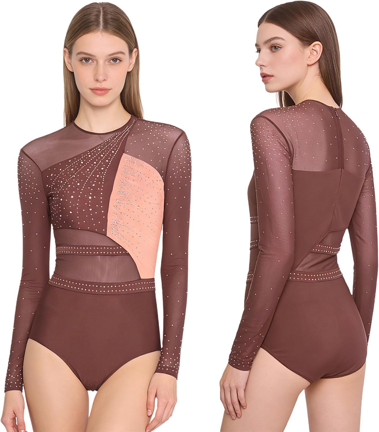 Women Long Sleeve Mesh Figure Skating Leotard Sparkly Rhinestones One-piece Gymnastics Unitard Dancewear