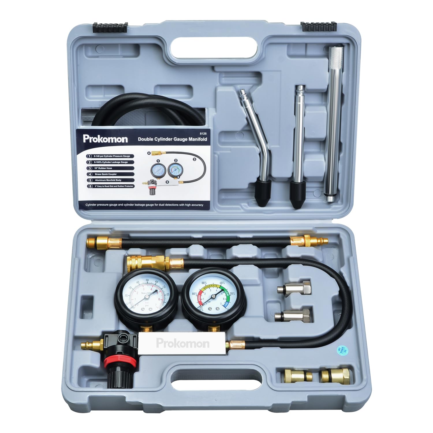 Prokomon Engine Cylinder Leak Down Tester Kit;Cylinder Leakage Tester Set for Pressure Check and Leakage Rate Test；Gasoline Engine Leakdown Tester Kit with Extension Rod Grey