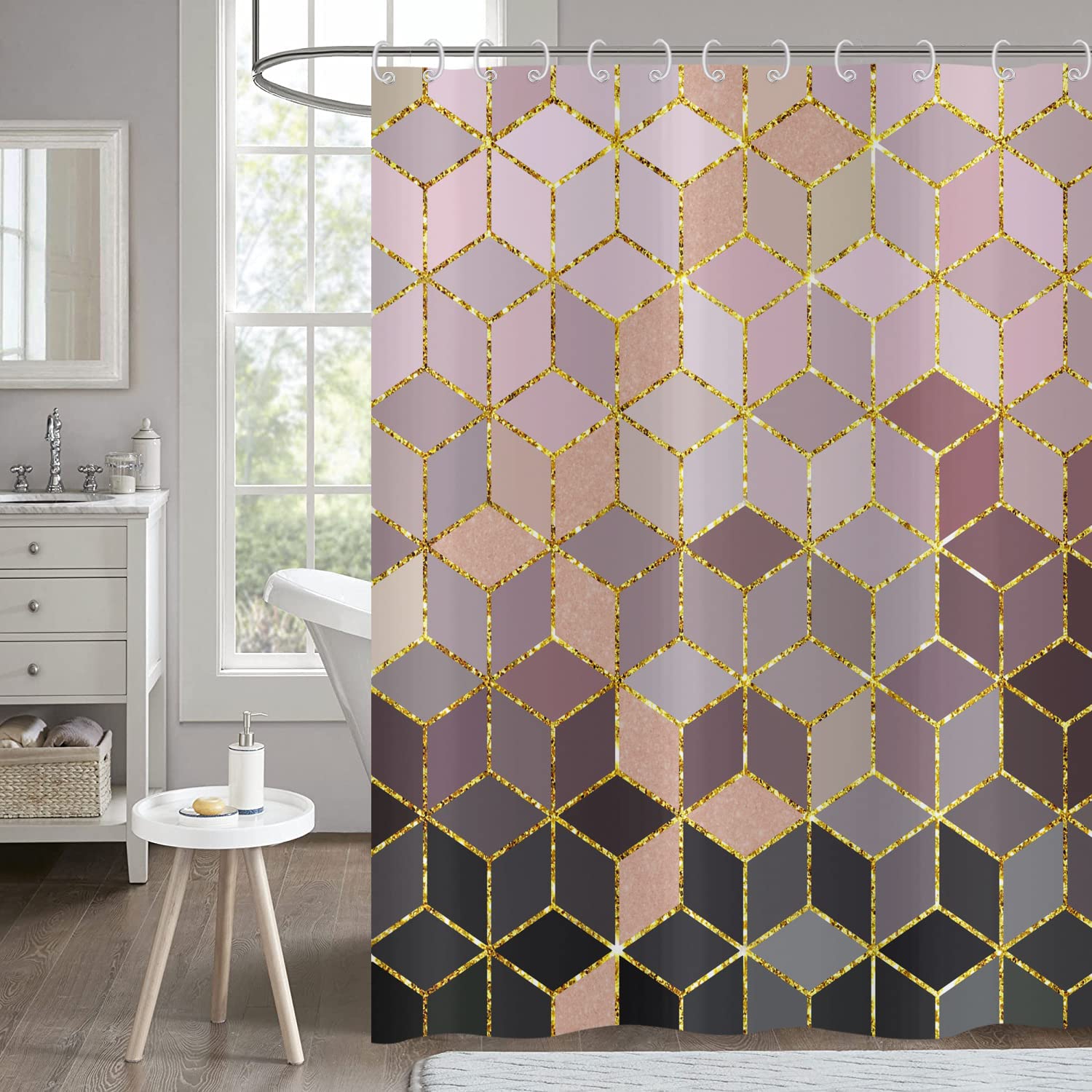 Marble Shower Curtain 120x200, Hnmdmyi Pink Grey Ombre Shower Curtains Grid Geometric Glitter Abstract Modern Luxury Art Bathroom Curtains Waterproof Polyester Fabric Washable Bath Curtains with Hooks