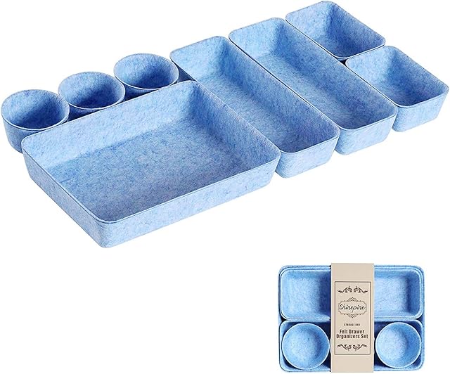 Desk Drawer Organizer Trays, Foldable Felt Drawer Organizers Set, Versatile Cosmetic Makeup Drawer Dividers, Washable Storage Bins Trays for Office Dresser Blue