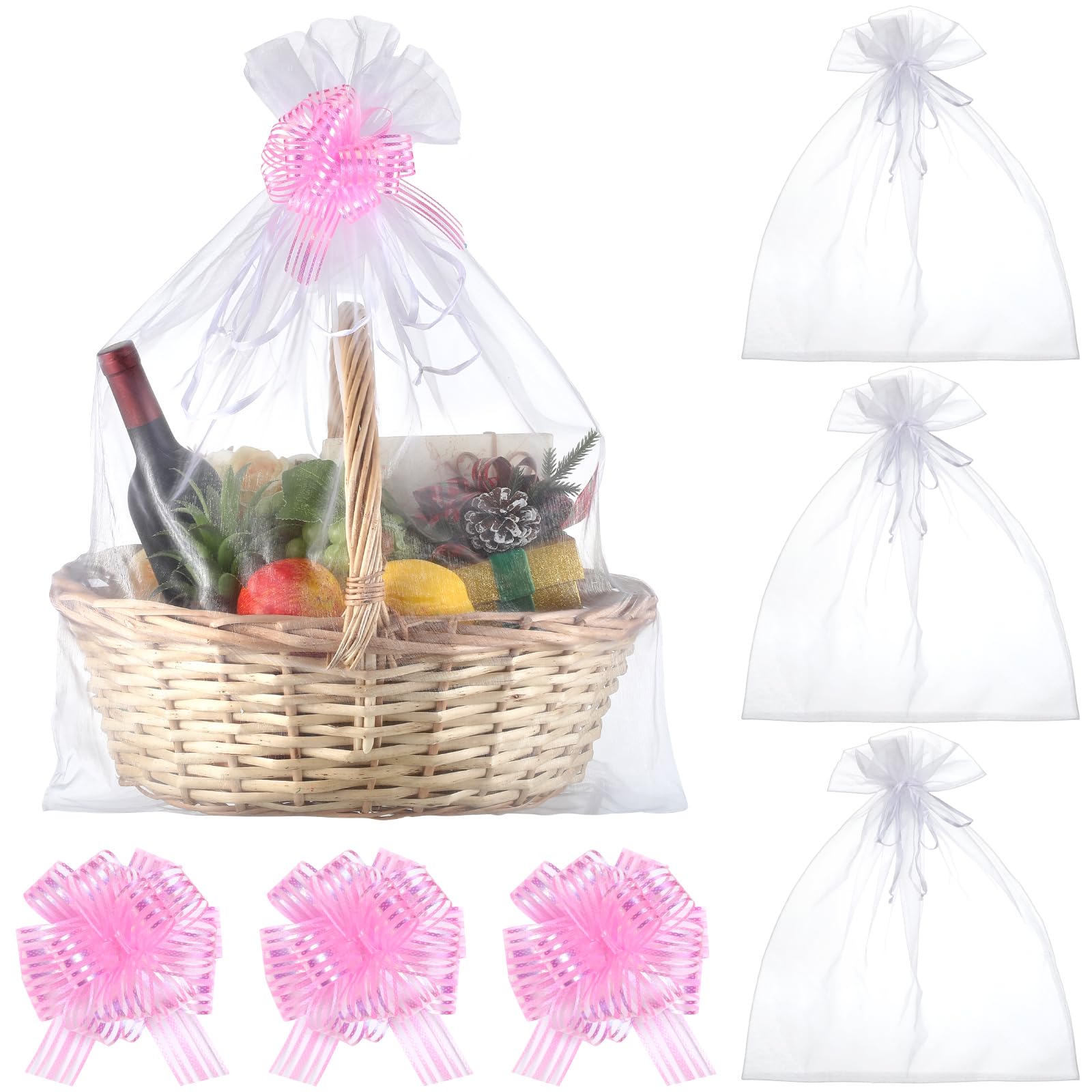 Zeyune 3 Sets Oversized White Organza Bags 24 x 30 Inch Extra Large Drawstring Organza Bags with Pull Bow Mesh Drawstring Gifts Pouches Gift Basket